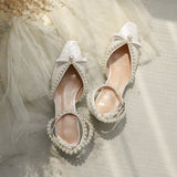 kamames kamames Summer New French Middle Heel Baotou Sandals Women's Thick Heels With Pearl High Heels Fairy Wedding Shoes