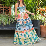 kamames Women Elegant  Strapless and Sleeveless Tropical Landscape Pattern Hollow Out A Line Maxi Sexy Vacation Dresses