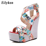 kamames Summer Fashion Peep Toe Solid Platform Women Designer Silk Print Flower Fabric High Heels Wedges Sandals Shoes