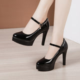 kamames Leather Catwalk High Heel Women's Pointed High Heel Thick-Soled Waterproof Platform Professional Black Work Shoes Large-Size Single Shoes