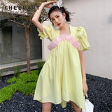 kamames Yellow Puff Sleeve Patchwork Organza Babydoll Dress Korean Fashion Short Sleeve Kawaii Cute Designer Summer Dress Women