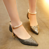 kamames Women Summer 2024 New Korean Version Of The Pearl One-Word Buckle Pointed Sexy Stiletto High-Heeled Shoes