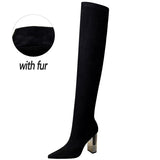 BIGTREE Shoes Women Sexy Over The Knee Boots Pointed Top Stretch Boots Thick Heel High Boots Black Long Boots Autumn Winter Shoe