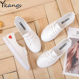 kamames Solid Color Female Red Heart Shaped Shoes Women PU Leather Casual Lace-Up Sneakers Girls School Platform Ladies White Shoes
