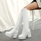 kamames Women Shoes Winter Plush Square High Heel Knee High Boots Fashion Platform Zipper Boots Round Toe Snow Boots White Black 2019