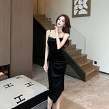 kamames Wedding Party Black Sleeveless Midi Dresses for Women 2023 Autumn New Sexy Fashion Slim Evening Velvet Female Clothing