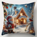 Contemporary Christmas Throw Pillow Covers Set of 4 - Santa Claus and Reindeer with Snowy Village Scene, Hand Washable Zippered Polyester Cushion Cases for Sofa and Living Room Decor, 17.7x17.7 inches - Festive Winter Holiday Decorative Pillowcases (Inser