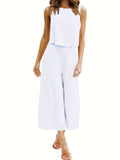 Two-Piece Elegant Outfit - Crew Neck Tank Top & Wide Leg Pants Set - Polyester Solid Color Spring/Summer Wear with Zipper, No Elasticity, Woven Fabric, and Classic Style