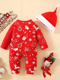 2pcs Baby Deep Red Christmas Cute Deer Print Gift Long Sleeve Bodysuit + Furry Hat 0-1 Years Old Girls Christmas Costume Clothes Behind Winter Snowflake Print Love Gifts From Mom Dad For Kids, Suitable For Indoor And Outdoor Wear