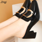 kamames Pointy, Chunky Muller Heels Metal Decoration Women's Shoes Black White High Heel Stylish Patent Leather Heels