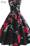 Zingj Women Summer Elegant Halter Sexy Party Dress Casual Floral Print Vintage Swing 50s 60s Retro Rockabilly Dresses jurken