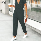 kamames PETAL V-neck Short Sleeve Jumpsuit For Woman Casual Long Jogger Pants Playsuit 2023 Summer Overalls Bodysuits Rompers