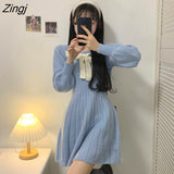 kamames Sleeve Dresses Women Cute Sweet Fashion Tender Mini Knitting Autumn Casual Ulzzang Preppy Girls Chic Daily Clothing Design