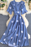 kamames Women Polka Dot Midi Dress Vintage V-Neck Short Flare Sleeve Bandage A-Line Vestidos Female Casual Robe New Fashion