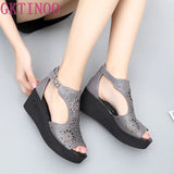 GKTINOO 2021 New Hollow Genuine Leather Sandals Women Shoes Sandals Platform Wedges Summer Shoes Woman Fashion Casual Sandals