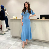 kamames Women Denim Patchwork Rib Knit Long Dresses Elegant Metal Single Breasted Bodycon Dress Summer Fashion Office High Street Robes