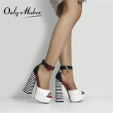 kamames Onlymaker Women's Sandals Platform Peep Toe Chunky Square Heels Ankle Strap Sandals Black And White Stripes Party Fashion Shoes