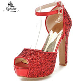 kamames SGESVIER Women New Summer Sandals Sexy Bride Wedding Party Shoes Peep Toe Thick Heel Platform Red Gold Sandals Shoes Woman OX362