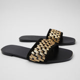 kamames ZARZ Slippers Woman 2022 Flat Shoes Spring Summer New Sexy Fashion Golden Weave Square Toe Flat-Heeled Beach Sandals For Women