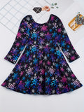 Colorful Snowflake Graphic Long Sleeve Dress Girls Casual Dresses Kids Gift Halloween Christmas