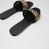 kamames ZARZ Slippers Woman 2022 Flat Shoes Spring Summer New Sexy Fashion Golden Weave Square Toe Flat-Heeled Beach Sandals For Women