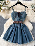 Zingj Fashion Streetwear Denim Dress Spaghetti Strap Cross Lace Up Bow Belt Zipper Pleated Women American Vintage Mini Dress