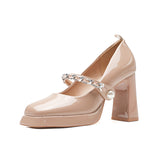 kamames kamames Pearl New Square Head Shallow Mouth Thick With Patent Leather A Word Buckle Mary Single Shoes Jane High Heels Waterproof Platform