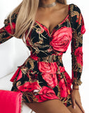 kamames New Flower Printing Waist V Collar Bubble Sleeve Dress