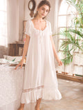 Womens Sleepwear Lace Trim Nightgown Dress - Fluffy Puff Sleeve, Elegant Knot Front, Classic Square Neck, Loose Fit, Flowy Maxi Design - Exquisite Mature Contrast Lace Trim for a Luxurious Feel