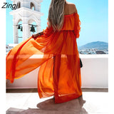 kamames Long Dress Women Off Shoulder Chiffon Dress Lace-up Solid Color Ruffle Beachwear Blue/Orange