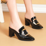 kamames Pointy, Chunky Muller Heels Metal Decoration Women's Shoes Black White High Heel Stylish Patent Leather Heels