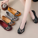 kamames Summer New National Wind Leather Flower Single Shoes Beef Tendon Bottom Leisure Flat Bottom Women's Shoes Middle-Aged And Elderly