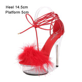 kamames Shuzumiao Women's Sandals 2021 Summer New Waterproof Platform Transparent Fur High Heels Cross Straps Thin Heel Pole Dance Shoes