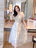 kamames Elegant Floral Chiffon Party Dress Women Fashion Puff Sleeve A Line Midi Dress Sweet Square Collar Korean Female Vestidos