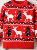 Boys' Christmas Sweater, Long Sleeve Knit Pullover, Casual Round Neck, Regular Fit, Stretchy Fabric, Holiday Tree & Reindeer Pattern, All Seasons, Regular Sleeves, Toddler Fashion