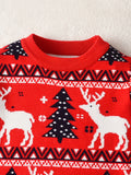 Boys' Christmas Sweater, Long Sleeve Knit Pullover, Casual Round Neck, Regular Fit, Stretchy Fabric, Holiday Tree & Reindeer Pattern, All Seasons, Regular Sleeves, Toddler Fashion