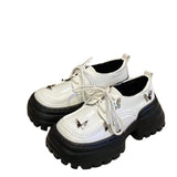 kamames Leather Shoes Female College Style 2024 Early Spring New Square Head Thick-Soled Bow High-Heeled Retro Lace Casual Shoes
