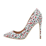 kamames Cherry Print Sexy Pumps 12 cm High Heels Woman Shoes Party Wedding Shoes Pointed Toe PU Leather White YG007 ROVICIYA