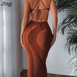 kamames Women Fashion Solid Color Back Lace-up Bodycon Dress Sleeveless Backless Hanging Neck Casual Street Tight Long Dress