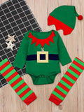 Christmas Party Cartoon Elf Costume Baby Boys Girls Santa Claus Long Sleeve Romper + Stripe Leg Warmer + Hat 3Pcs Set Outfits