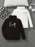 2pcs Boys KING Letter Print Knit Long Sleeve Half Turtleneck Top, Casual Long Sleeve T-shirt For Spring Fall Winter, Tops As Gifts