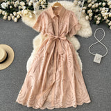 kamames kamames Gentle Wind Turn Collar Bubble Sleeve Medium-Long Shirt Skirt Lace Thin Hollow-Out Design French Dress