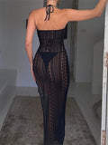 Zingj Lace Mesh See Through Long Dress Bikini Cover Ups Sexy Women Swimwear Strapless Off Shoulder Slim Split Vestido Beach