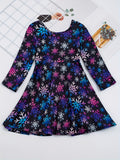 Colorful Snowflake Graphic Long Sleeve Dress Girls Casual Dresses Kids Gift Halloween Christmas