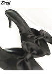 kamames Summer Women's Slippers Bowknot Cat Heel Low Heel Mid Heel Pointed Toe Shoes Slippers High Heels 601-0