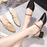 kamames Party Women Mules Slipper Pointed Toe Block Strap Closed Shallow High Heels Shoes Sandals Black Beige Square heel Pumps