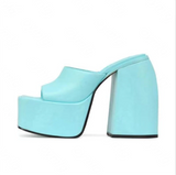 kamames high-heeled square head open-toed fish mouth solid color one-line buckle women's slippers women shoes high heel