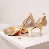 kamames Women Summer 2024 New Korean Version Of The Pearl One-Word Buckle Pointed Sexy Stiletto High-Heeled Shoes