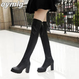 kamames Autumn Winter Women's Pu Leather Over The Knee Boots Back Zip Thick High Heel Platform Thigh Boots Ladies Fashion Shoe Black