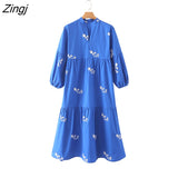 kamames Women Fashion Floral Embroidery Casual Pleats Blue Midi Dress Female Stand Collar Three Quarter Sleeve Vestidos DS1805